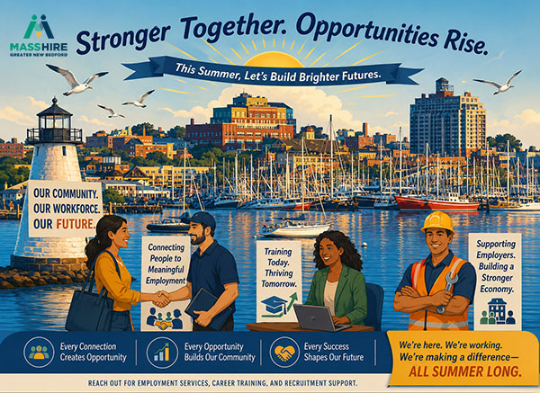 Depiction of New Bedford Harbor and the community benefiting from MassHire services