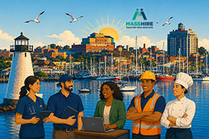 Depiction of New Bedford Harbor and the community benefiting from MassHire services