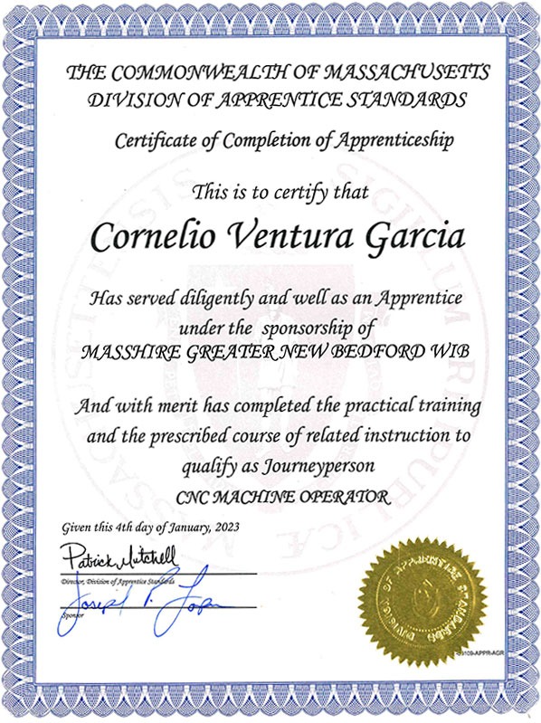 Certificate of Completion for CNC Machine Operator Apprenticeship