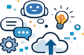 Image of a bunch of ideas related to AI, a brain magnifying glass, cloud upload, chat boxes, lightbulbs, robot head cogs.