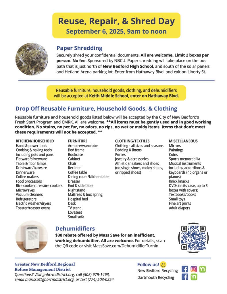 New Bedford Hosts Reuse, Repair, & Shred Day, Sept. 6, 2025. Paper shredding, clothing repair, bicycle repair, and more!