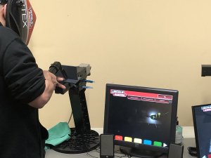 Students using Lincoln Electric VRTEX® virtual reality arc welding trainers.