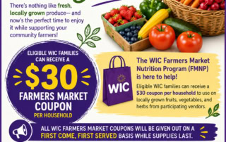 A WIC flyer promoting the 2026 Farmers Market season. The flyer explains that eligible WIC families can receive a $30 Farmers Market coupon per household to purchase locally grown fruits, vegetables, and herbs from participating vendors. Coupons are distributed on a first-come, first-served basis while supplies last. The flyer lists two farmers market events: Taunton Farmers Market on Sunday, July 19, 2026, from 9:00 AM to 12:30 PM at Church Green Farmers Market, 76 Church Green, Taunton, Massachusetts 02780; and Attleboro Farmers Market on Saturday, July 25, 2026, from 9:00 AM to 12:30 PM at the Overflow Parking Lot, 947 Park Street, Attleboro, Massachusetts 02703. The flyer encourages families to bring home delicious, nutritious local produce. It includes the WIC logo and the website mass.gov/wic.