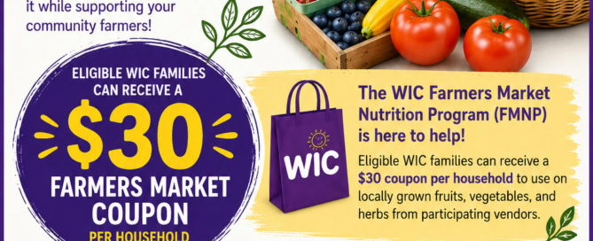 A WIC flyer promoting the 2026 Farmers Market season. The flyer explains that eligible WIC families can receive a $30 Farmers Market coupon per household to purchase locally grown fruits, vegetables, and herbs from participating vendors. Coupons are distributed on a first-come, first-served basis while supplies last. The flyer lists two farmers market events: Taunton Farmers Market on Sunday, July 19, 2026, from 9:00 AM to 12:30 PM at Church Green Farmers Market, 76 Church Green, Taunton, Massachusetts 02780; and Attleboro Farmers Market on Saturday, July 25, 2026, from 9:00 AM to 12:30 PM at the Overflow Parking Lot, 947 Park Street, Attleboro, Massachusetts 02703. The flyer encourages families to bring home delicious, nutritious local produce. It includes the WIC logo and the website mass.gov/wic.