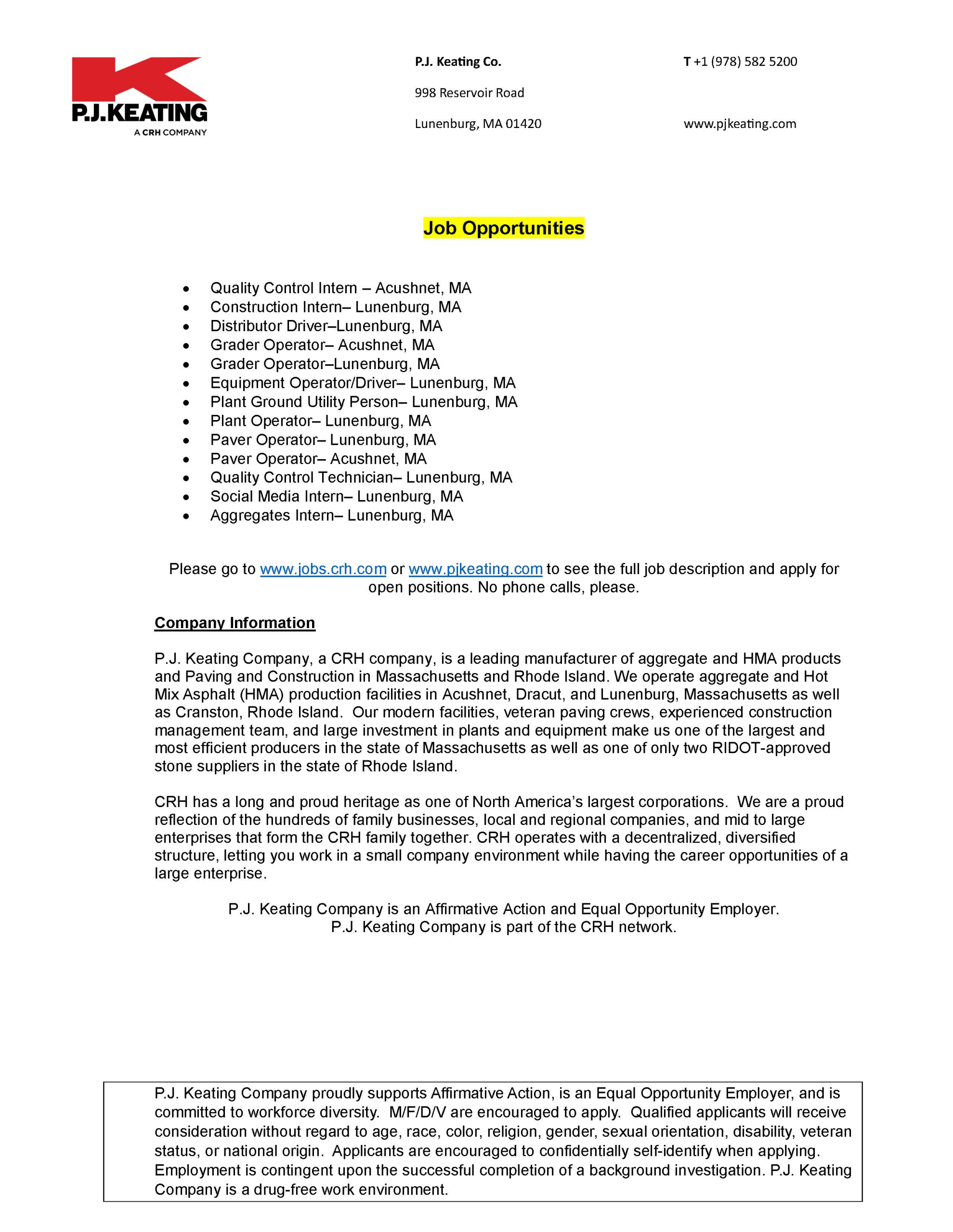 P.J. Keating Company Job Opportunities List