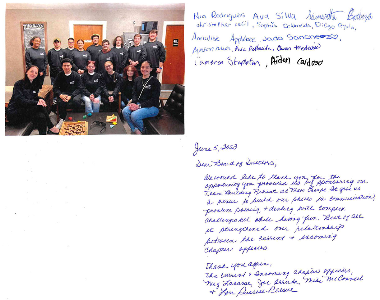 Thank you note from Voke Tech students who participate in SkillsUSA.